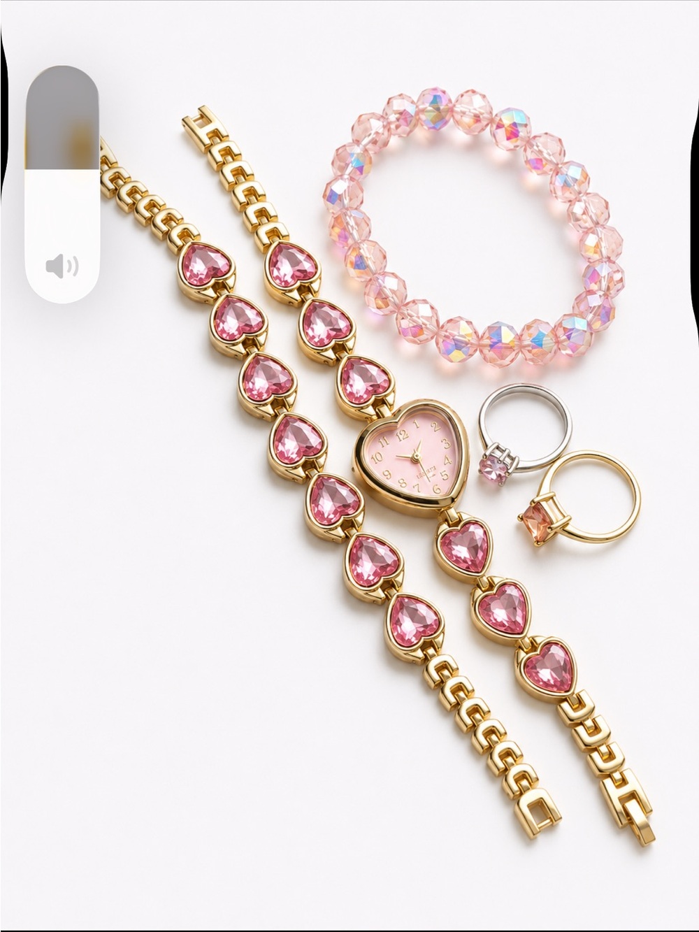 Gold-Tone Heart Crystal Bracelet and Watch Set in Pink